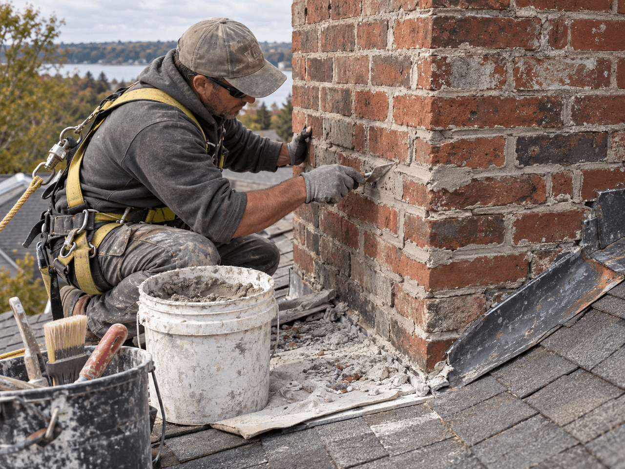 Maçon effectuant la réparation des joints de mortier d'une cheminée en briques rouges sur une toiture en bardeaux, avec truelle, équipement de sécurité et matériaux de maçonnerie