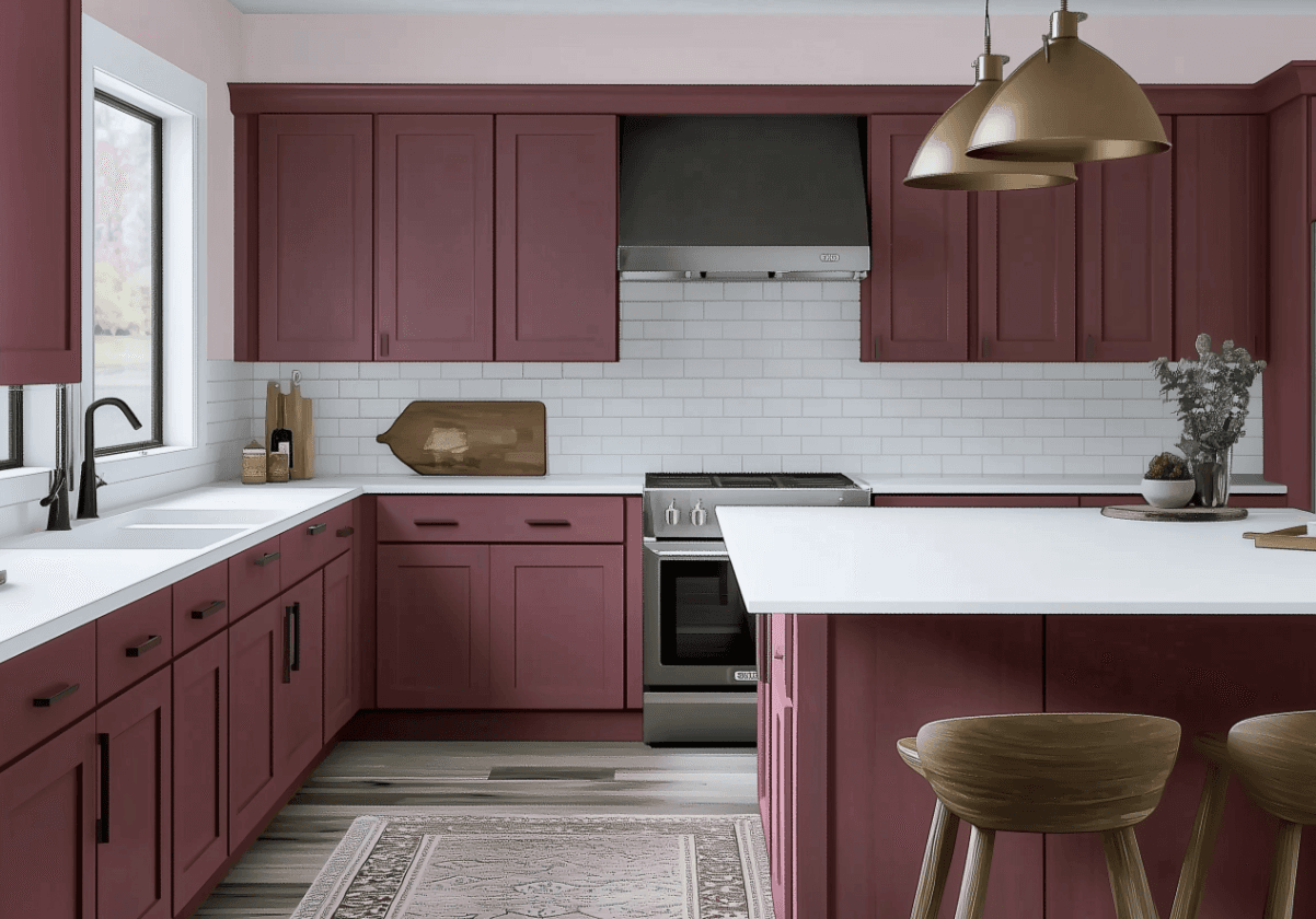 Cuisine moderne avec armoires couleur bordeaux, comptoirs en quartz blanc, dosseret en carreaux de métro blancs, îlot central spacieux et suspensions dorées élégantes.