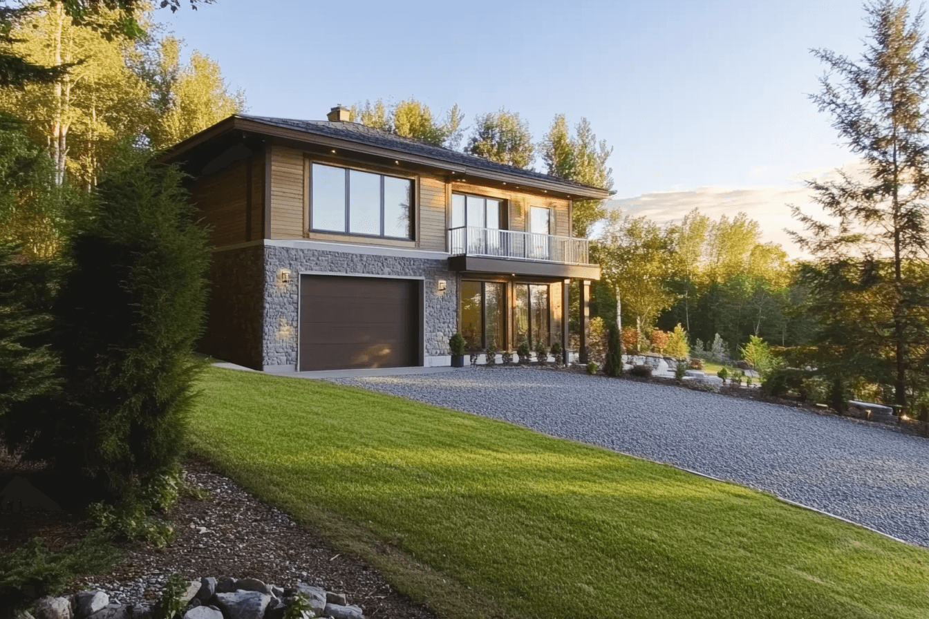 Maison moderne en bois et pierre avec allée en gravier, garage intégré et aménagement paysager sur terrain en pente.