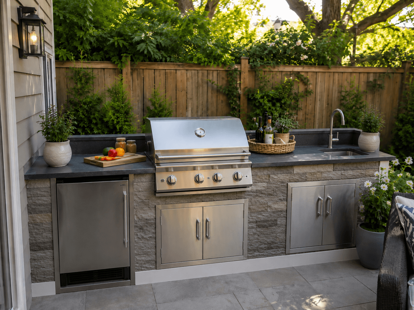 Cuisine d'été en pierre avec barbecue encastré, évier, réfrigérateur, plans de travail et éclairage d'ambiance.