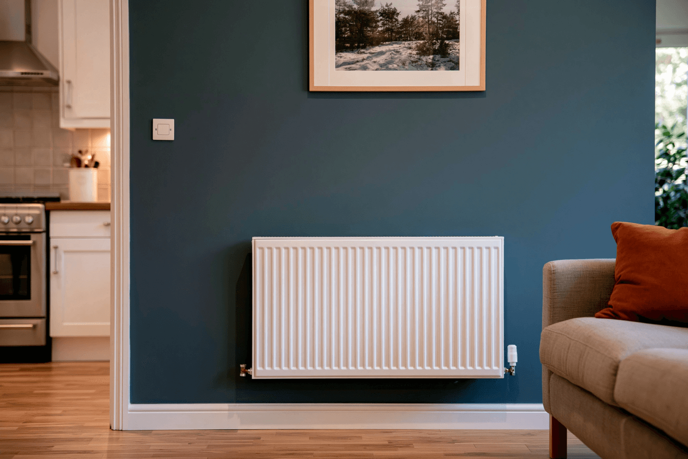 Radiateur mural blanc installé sur un mur bleu foncé dans un salon moderne adjacent à une cuisine, avec canapé beige et plancher de bois