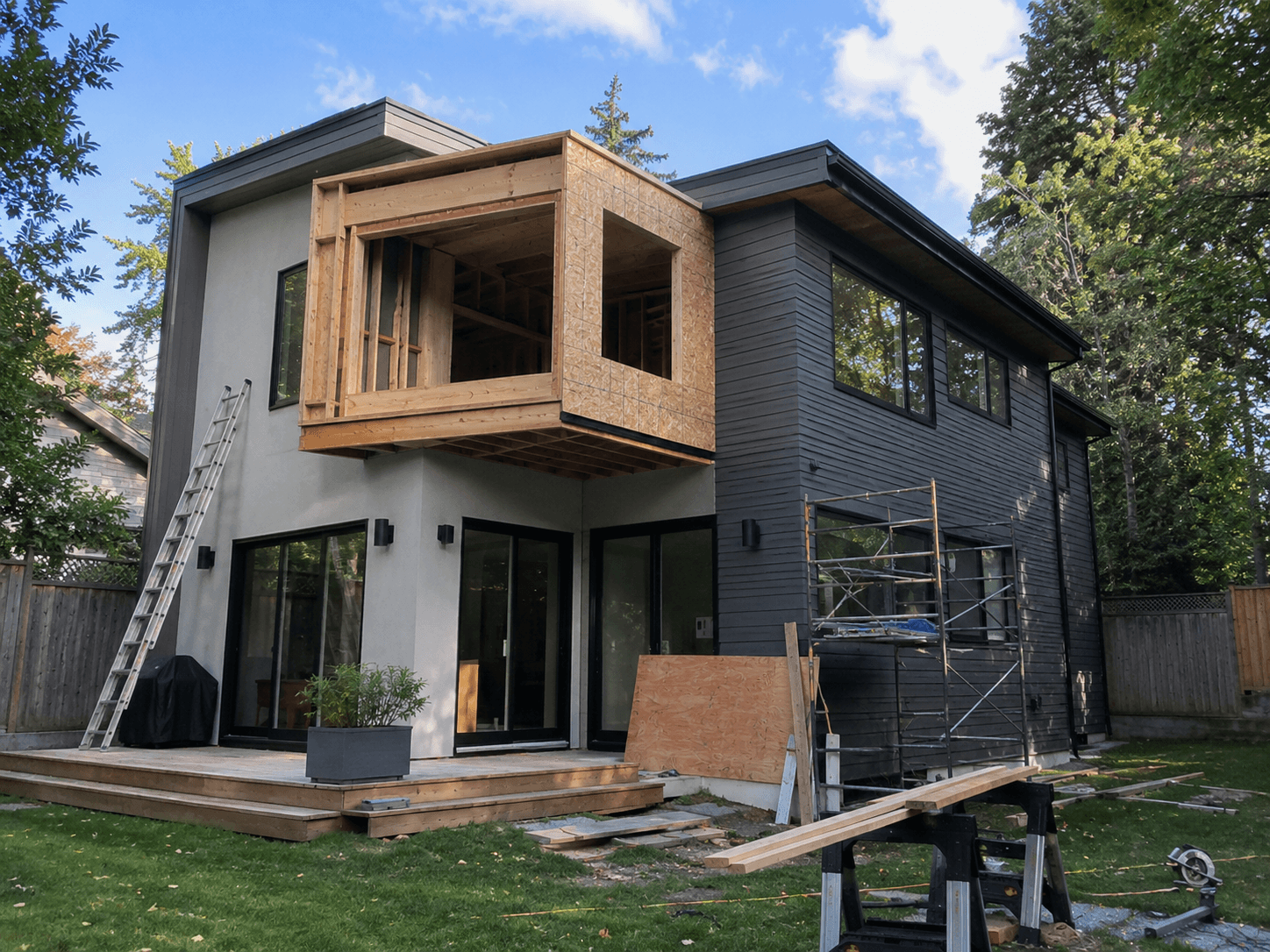 Cantilevered second-story rear home addition under construction with wood framing, structural sheathing, large openings, scaffolding, and a ladder