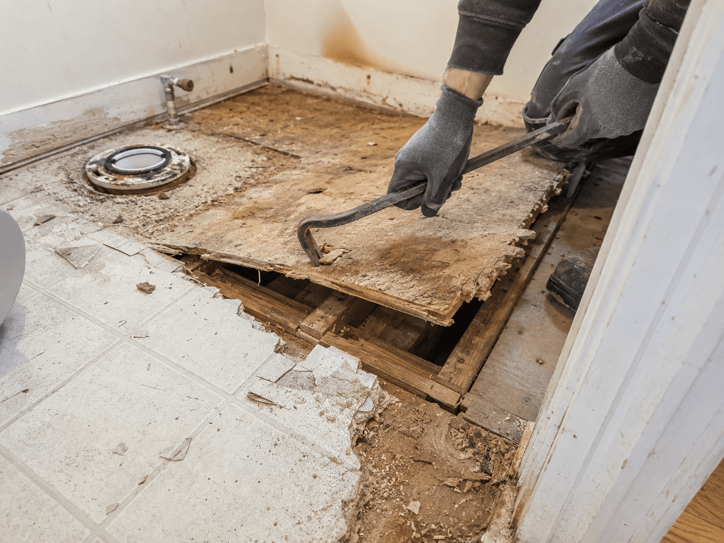 Travailleur retirant un sous-plancher endommagé dans une petite pièce avec pied-de-biche, revêtement de sol cassé et structure de bois exposée
