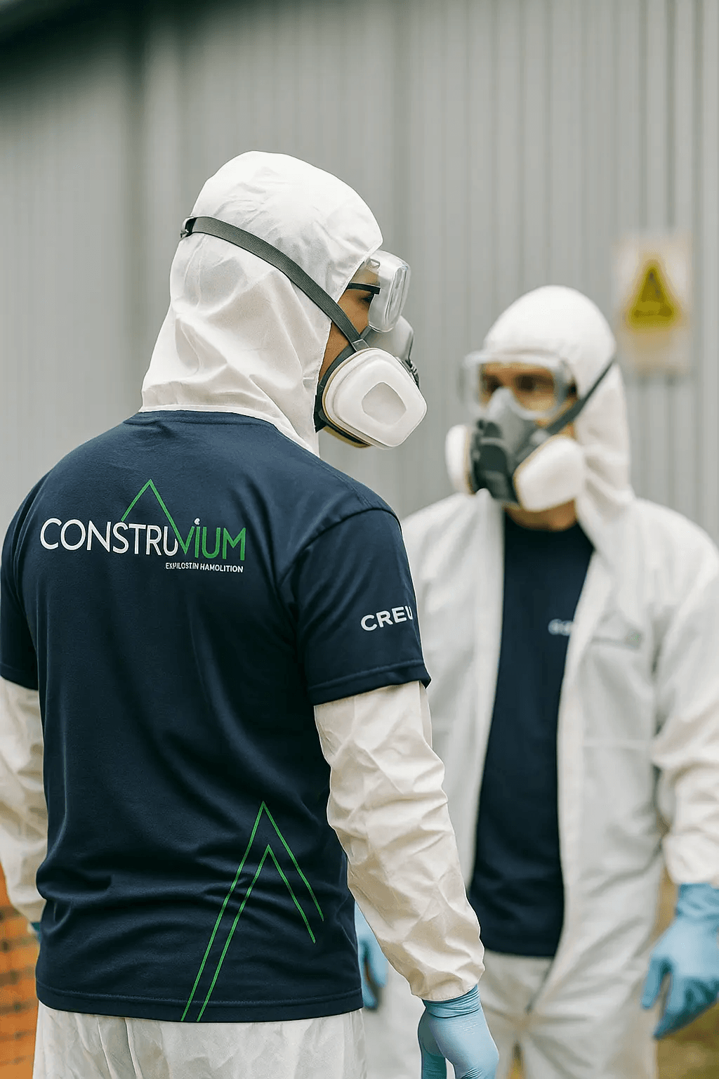 Deux techniciens en décontamination portant des combinaisons de protection, des lunettes, des gants et des respirateurs lors d’une intervention spécialisée sur un chantier