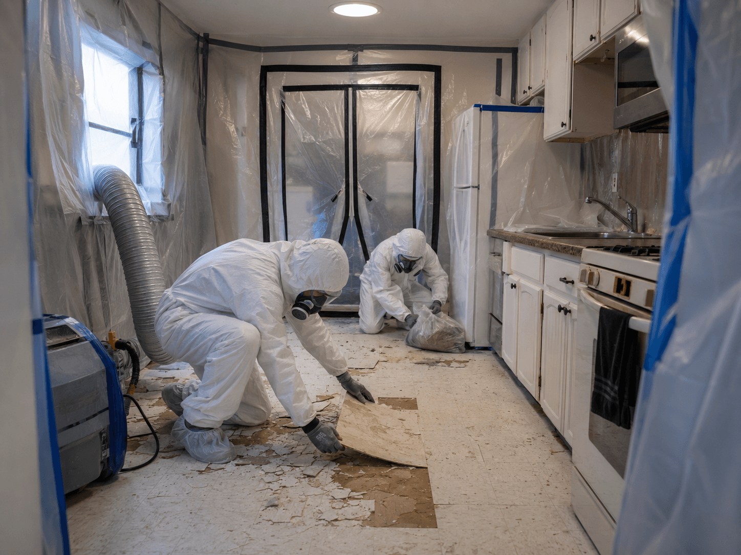 Travailleurs en combinaison de protection retirant un ancien revêtement de sol dans une cuisine confinée avec bâches de plastique, ventilation et équipement de décontamination / Workers in protective suits removing old flooring in a contained kitchen with plastic sheeting, ventilation and decontamination equipment