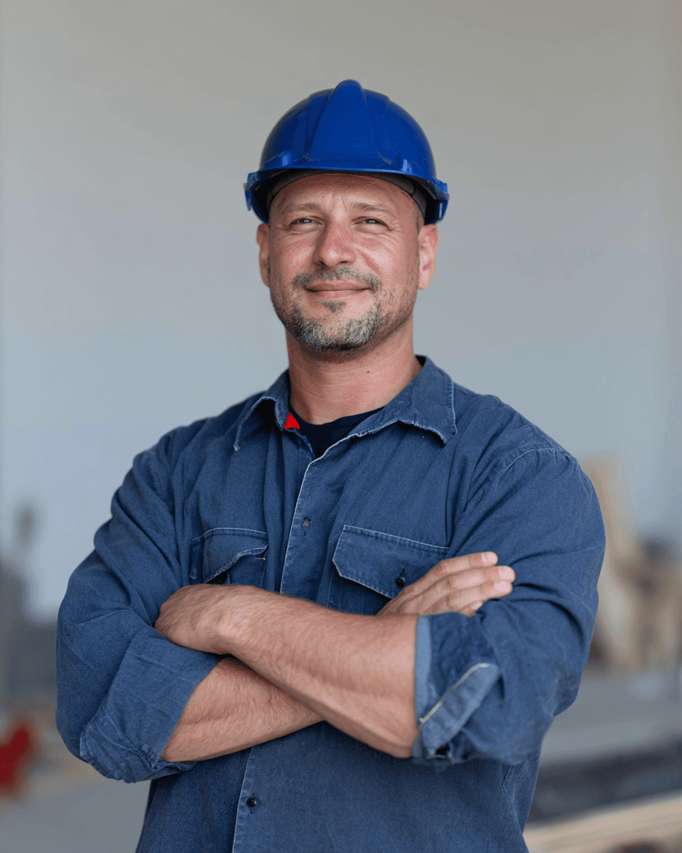 Entrepreneur en construction portant un casque de sécurité bleu et une chemise de travail, les bras croisés dans un environnement de chantier