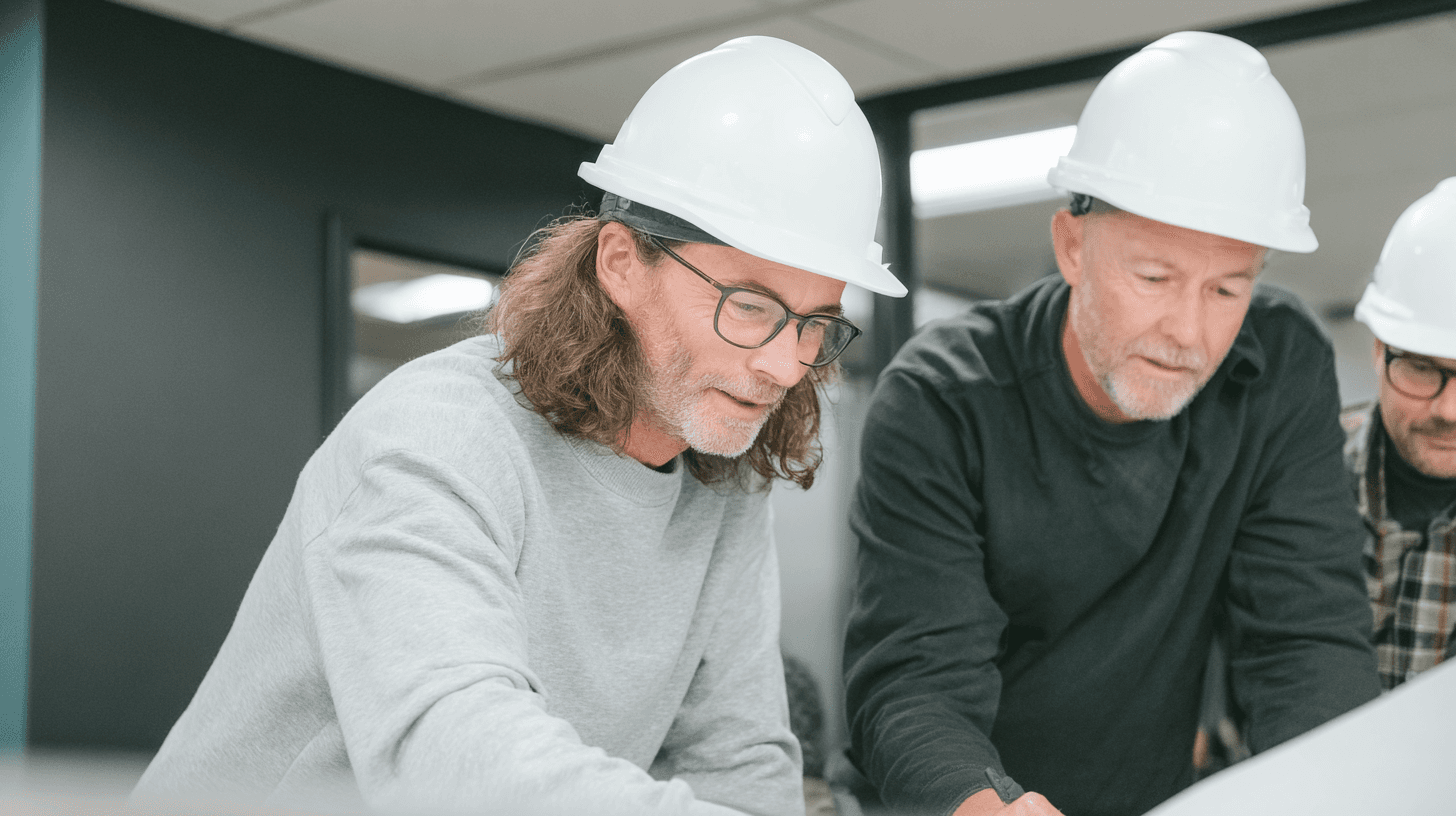 Équipe de professionnels de la construction portant des casques blancs et examinant ensemble des plans techniques dans un environnement intérieur