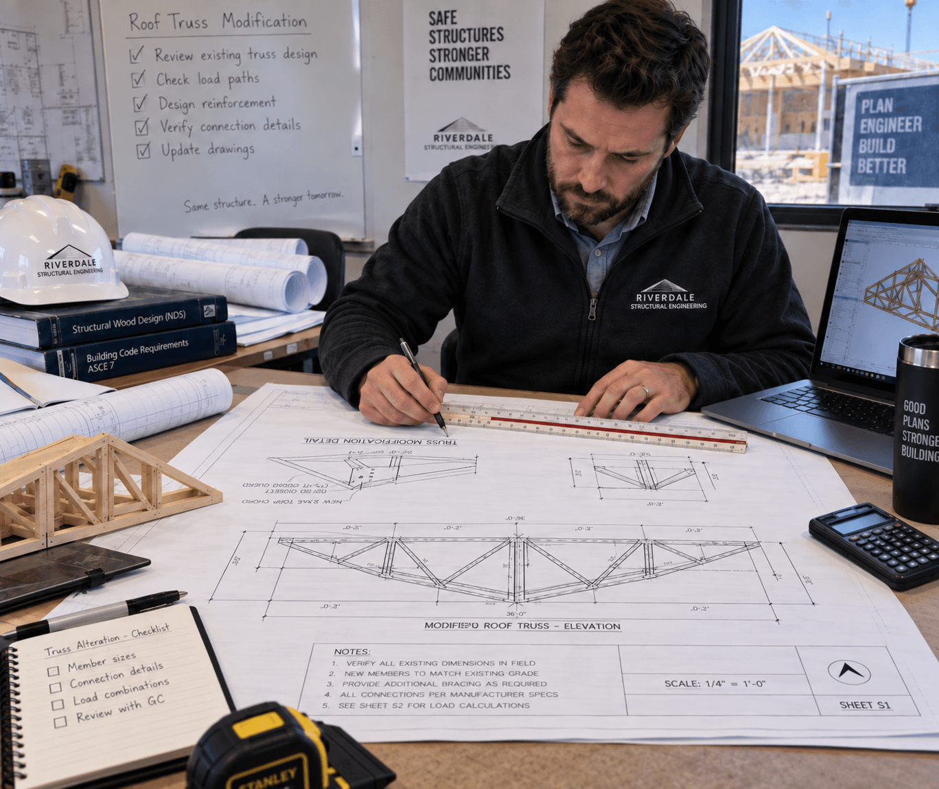Ingénieur en structure examinant et annotant des plans de modification de fermes de toit dans un bureau, avec maquette de charpente, casque de chantier et logiciel de conception structurale