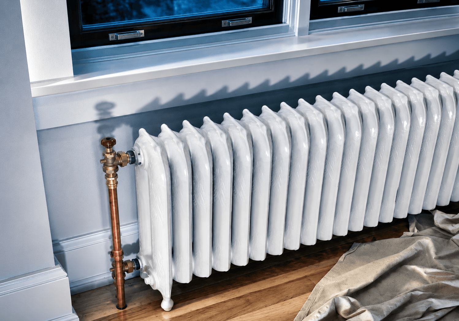 Radiateur à eau chaude blanc installé sous une fenêtre avec tuyauterie en cuivre apparente et robinet de contrôle dans une pièce résidentielle