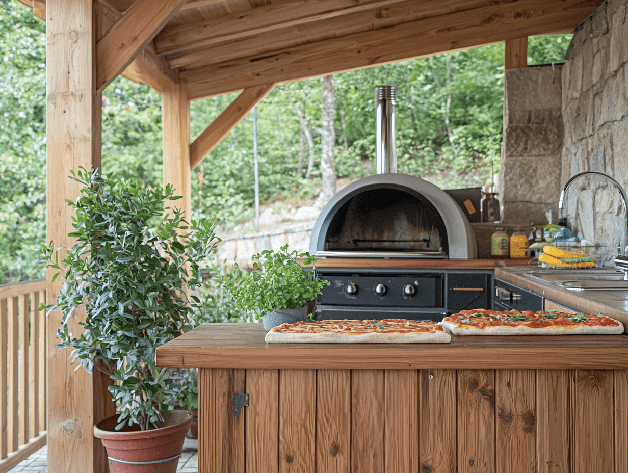 Cuisine d'extérieur couverte en bois avec four à pizza, évier, plans de travail, rangements intégrés et pizzas prêtes sur le plan de travail.