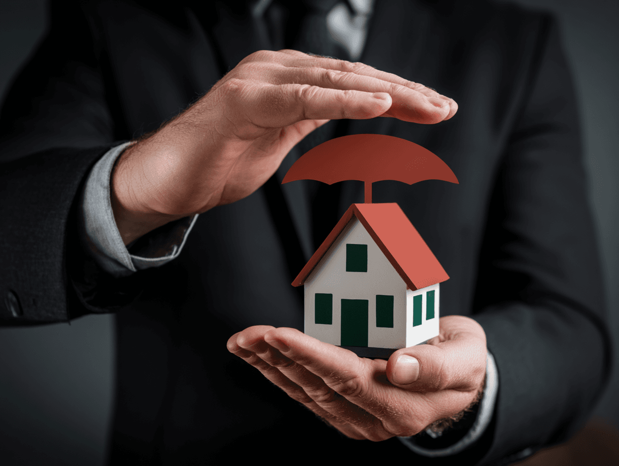 Concept d’assurance habitation avec une maison miniature protégée par un parapluie, tenue dans les mains d’un professionnel en costume
