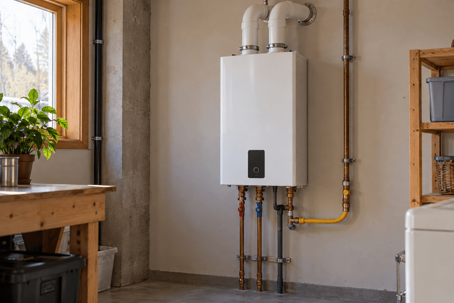 Installation d'un chauffe-eau instantané mural au gaz avec tuyauterie en cuivre, raccordement au gaz et conduits d'évacuation dans une salle mécanique résidentielle située au sous-sol d'une maison.