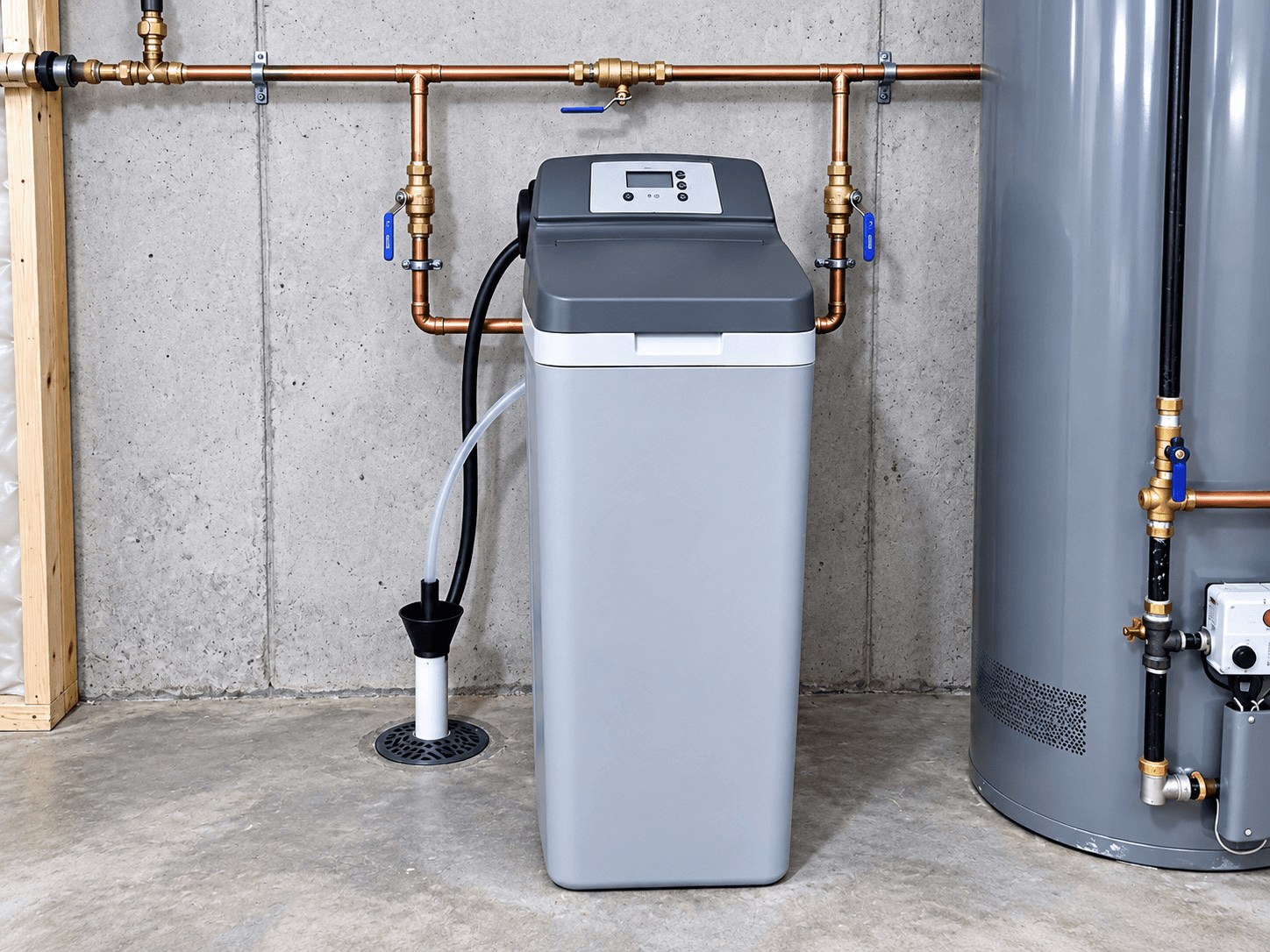 Adoucisseur d’eau résidentiel compact installé au sous-sol avec tuyauterie en cuivre, vannes de contrôle et drain au sol près d’un chauffe-eau.