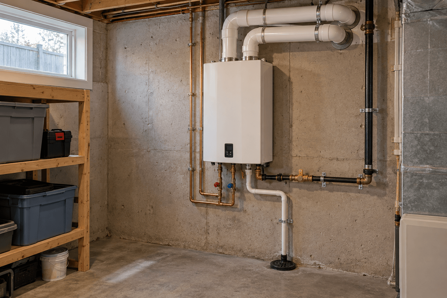 Installation d'un chauffe-eau instantané mural au gaz dans un sous-sol résidentiel, avec tuyauterie en cuivre, raccordements de plomberie, alimentation en gaz et conduits d'évacuation blancs fixés au mur de fondation en béton.