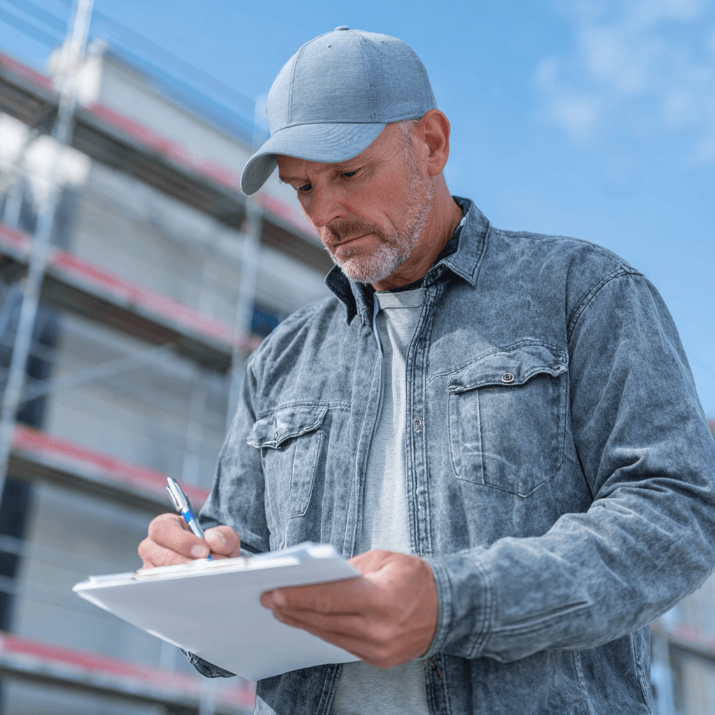 Professionnel de la construction prenant des notes sur un formulaire devant un bâtiment en chantier avec échafaudage, lors d’une inspection ou d’un suivi de travaux