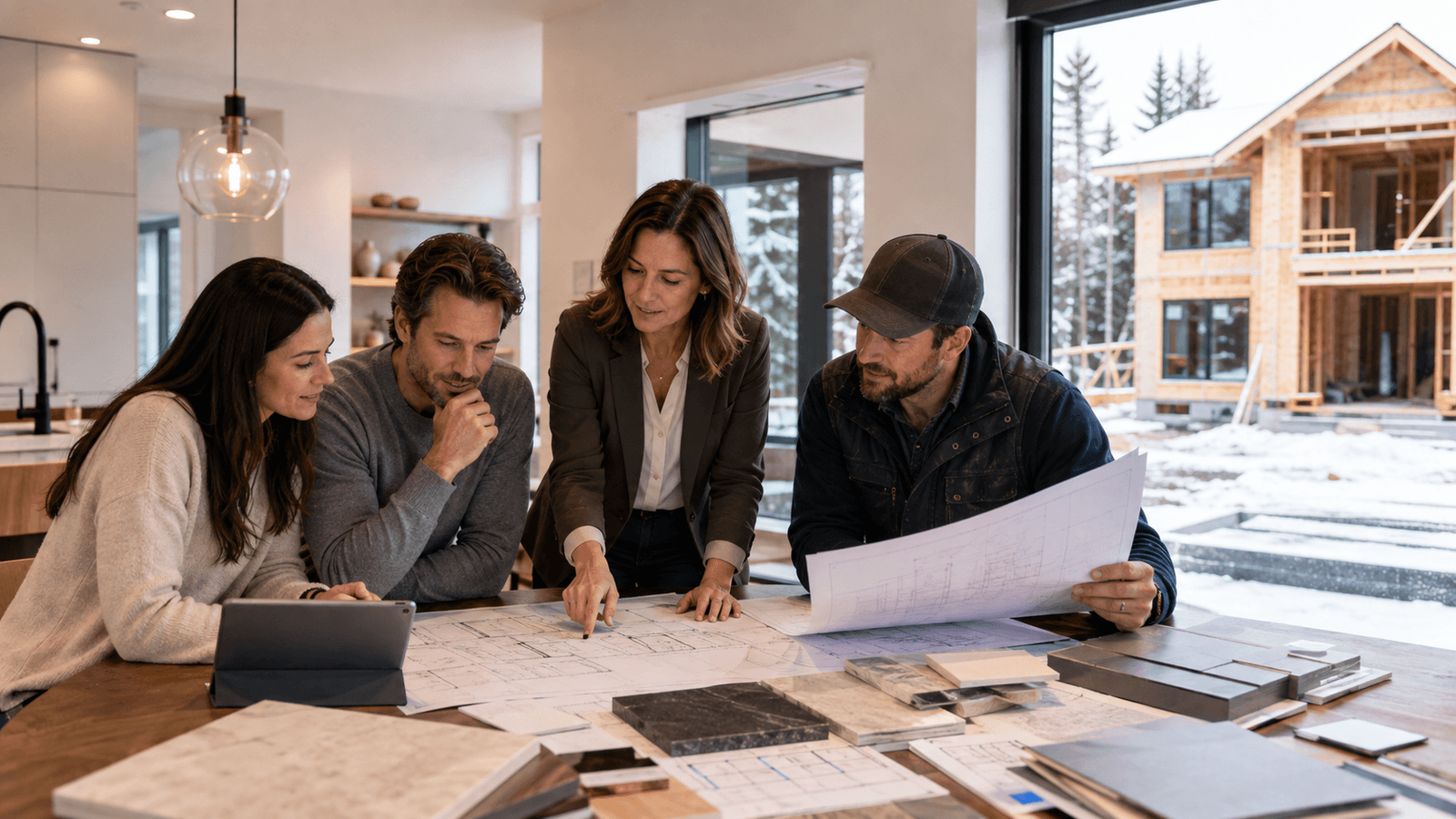 Propriétaires et professionnels de la construction réunis autour de plans architecturaux et d’échantillons de matériaux dans une maison moderne, avec une résidence en construction visible à l’extérieur