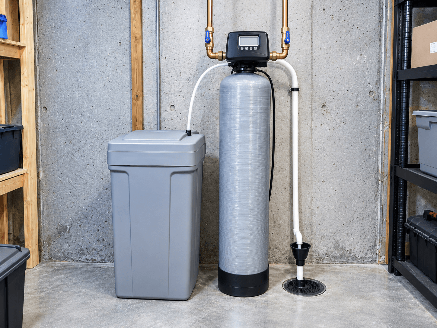 Adoucisseur d’eau résidentiel avec réservoir de saumure, commande électronique, tuyauterie en cuivre et drain installé dans un sous-sol.