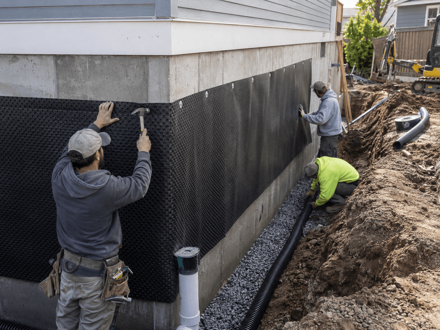 Travailleurs installant une membrane drainante et un drain français le long des fondations d’une maison dans une tranchée excavée remplie de gravier