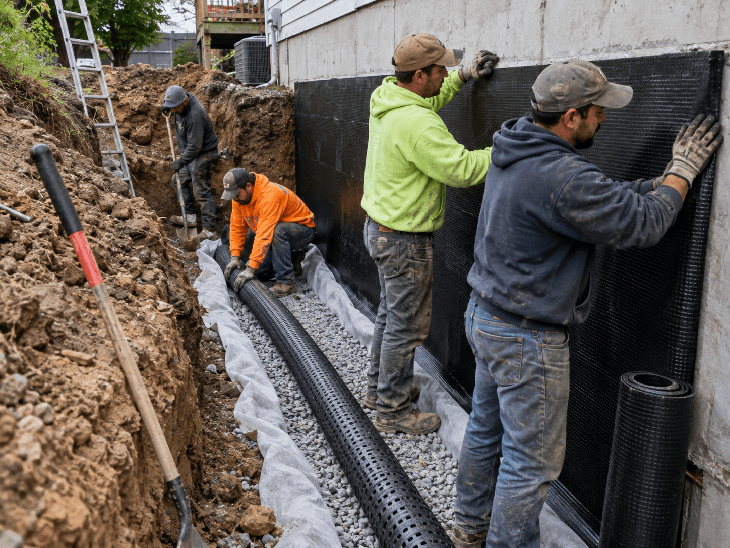 Travailleurs installant un drain français et une membrane drainante le long des fondations d’une maison dans une tranchée remplie de gravier