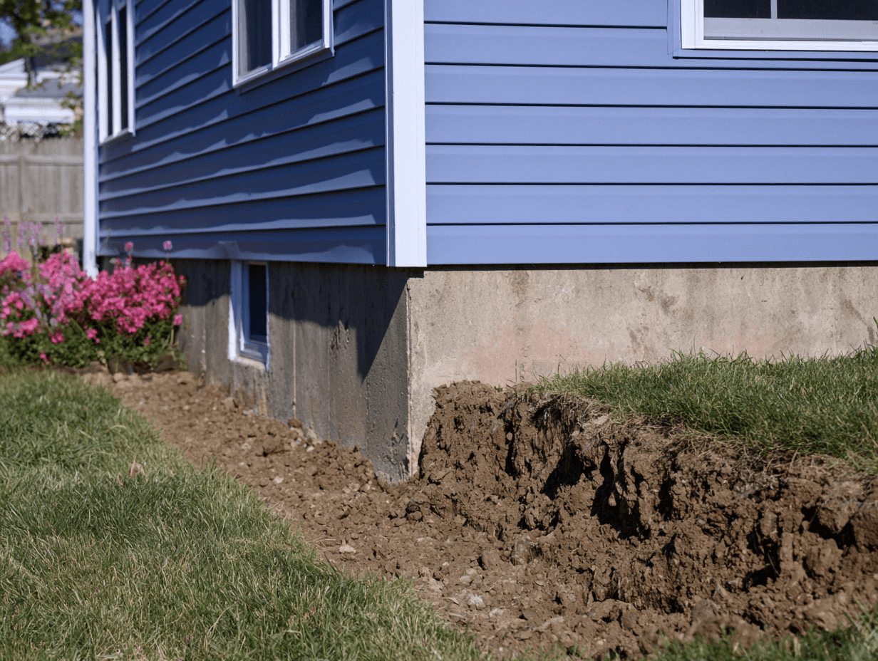 Fondation en béton d’une maison avec sol excavé le long du mur extérieur et revêtement bleu en vinyle.