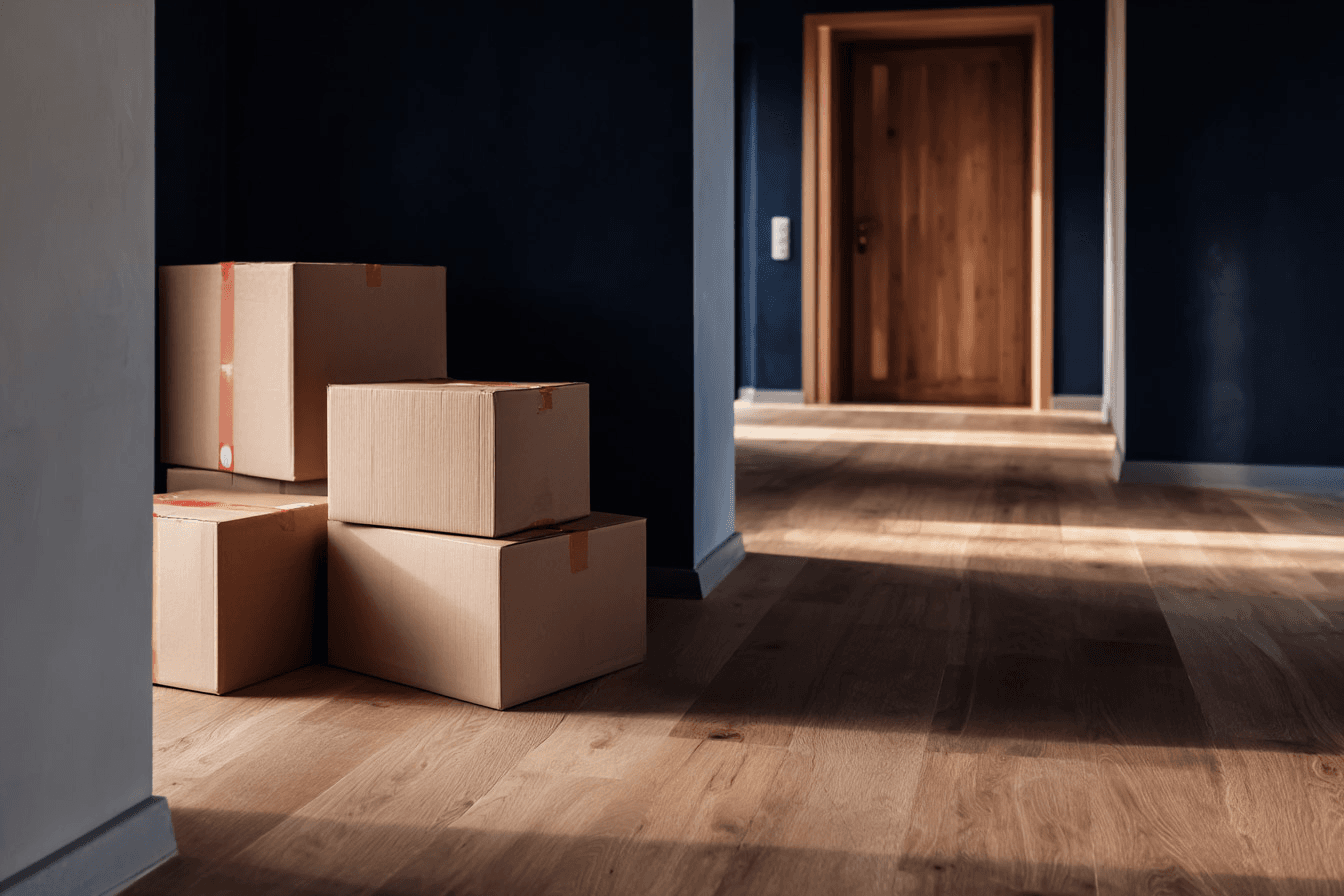 Boîtes de déménagement en carton empilées dans le corridor d'une maison vide.