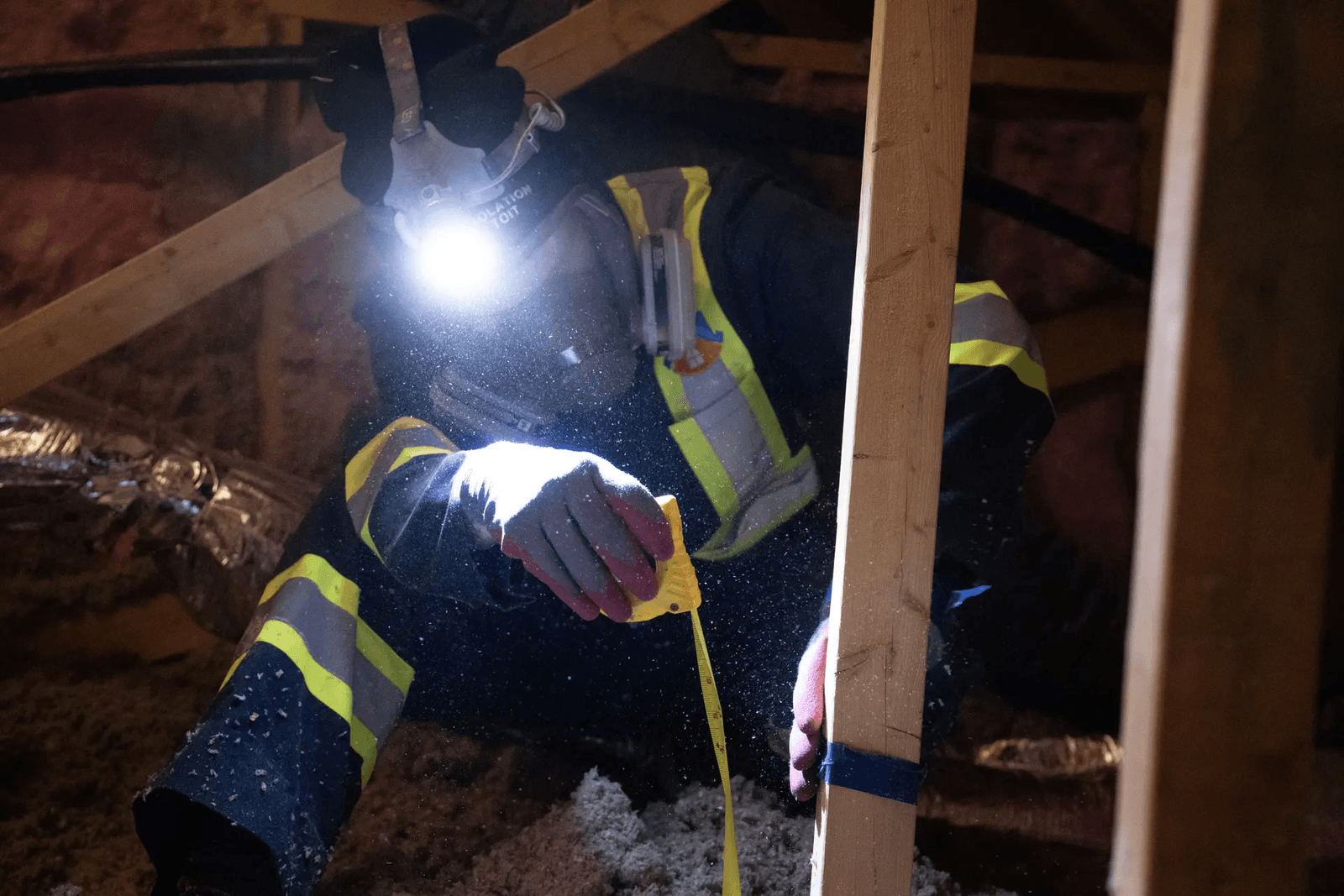 Technicien en isolation inspectant et mesurant une structure de bois dans un grenier, équipé d’une lampe frontale, d’un masque respiratoire et de vêtements de sécurité haute visibilité.