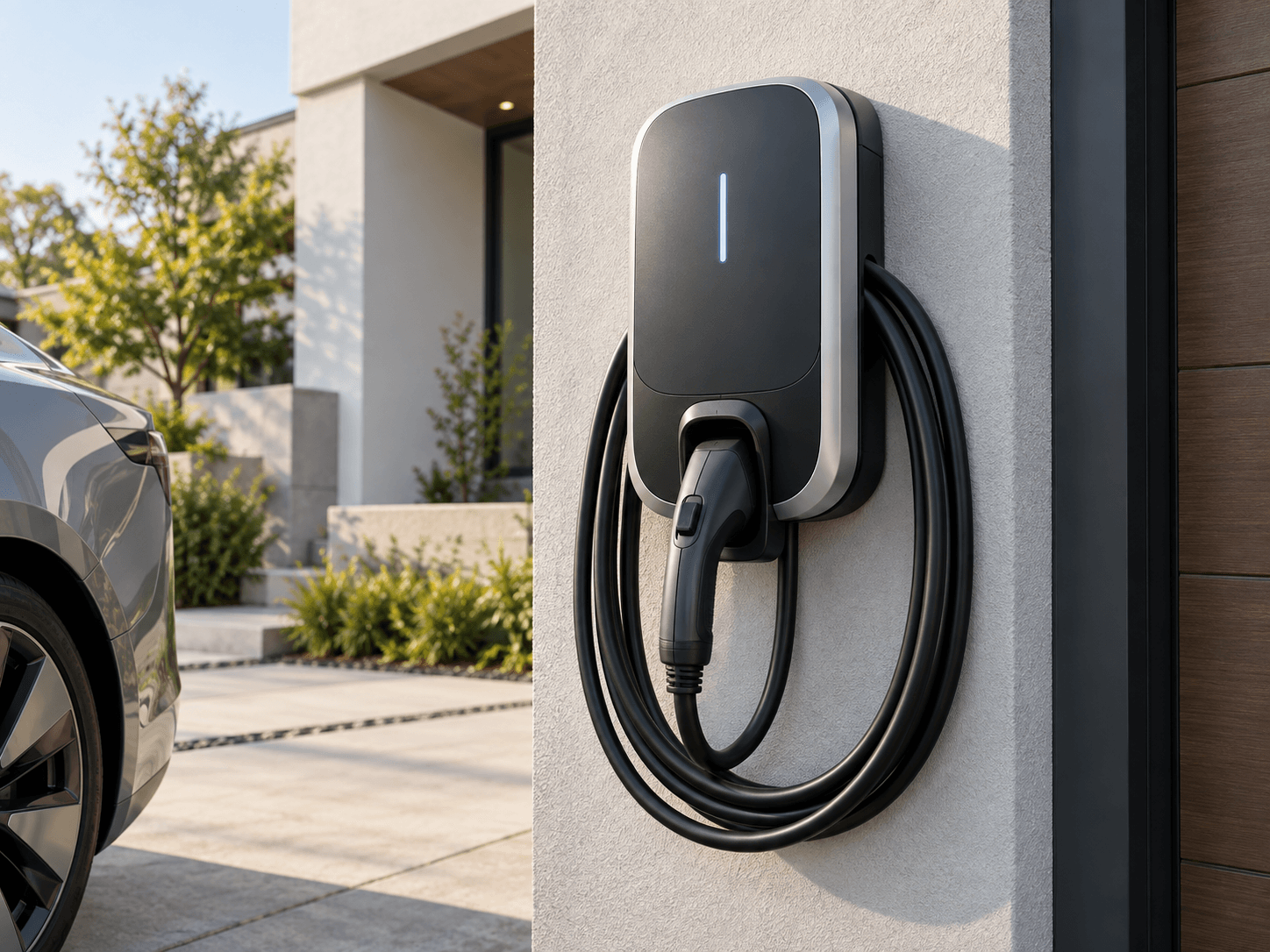 Borne de recharge pour véhicule électrique noire installée sur le mur extérieur blanc d'une maison moderne, avec câble enroulé et voiture électrique stationnée à proximité / Black electric vehicle charging station installed on the white exterior wall of a modern house, featuring a coiled charging cable and an electric car parked nearby
