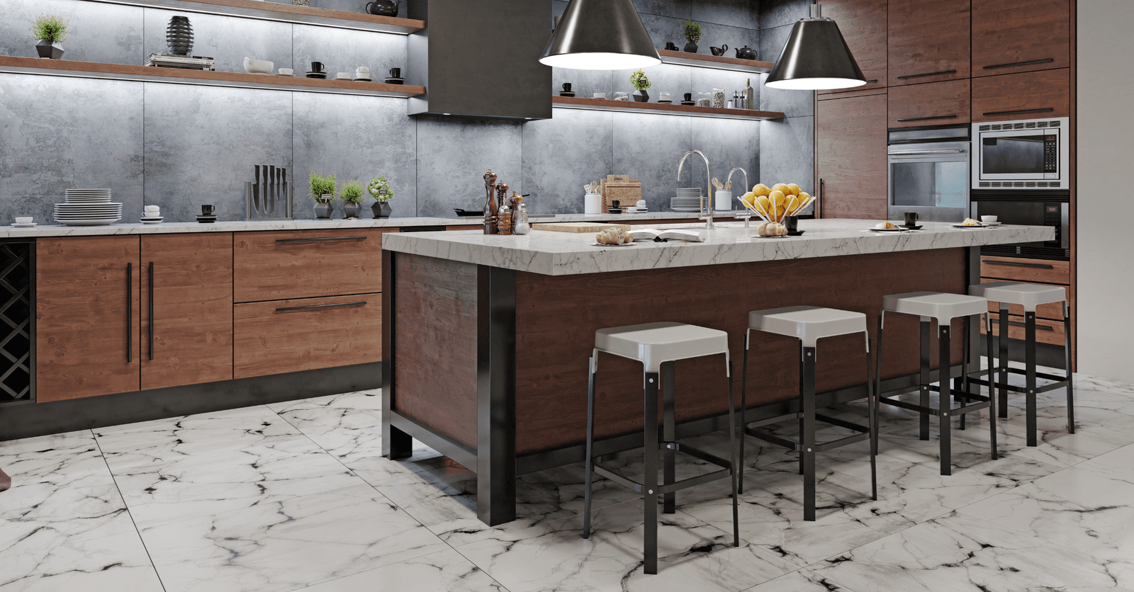 cuisine avec plancher en marbre